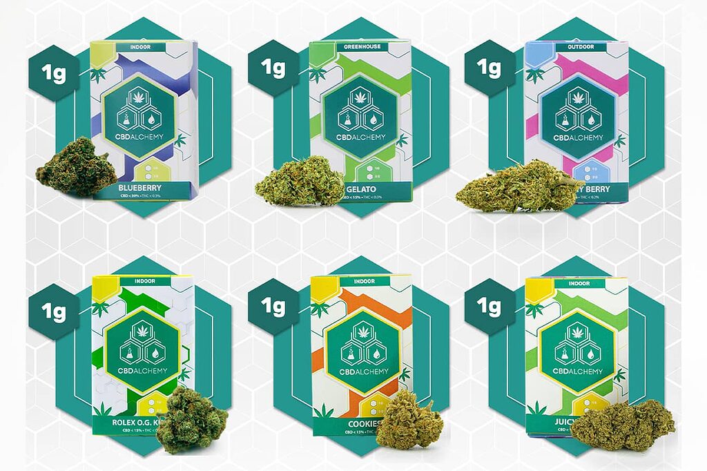 Explore the CBD universe with the 6g Discovery Pack: Alchemy Berry, Gelato, and Blueberry await you for a unique experience.