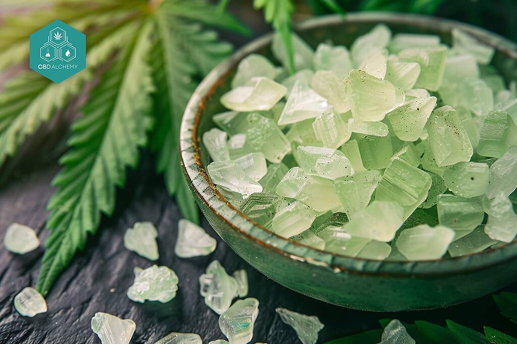 Tauchen Sie ein in die Reinheit von CBD-Kristallen, die sorgfältig aus der Hanfpflanze extrahiert wurden.