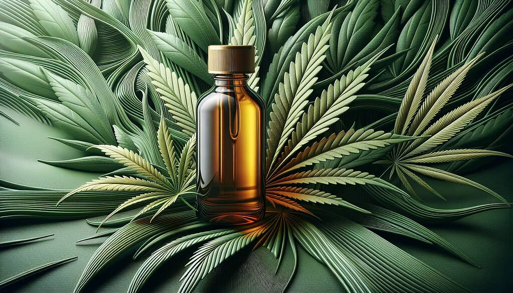 Bottle of CBD oil and cannabis leaves