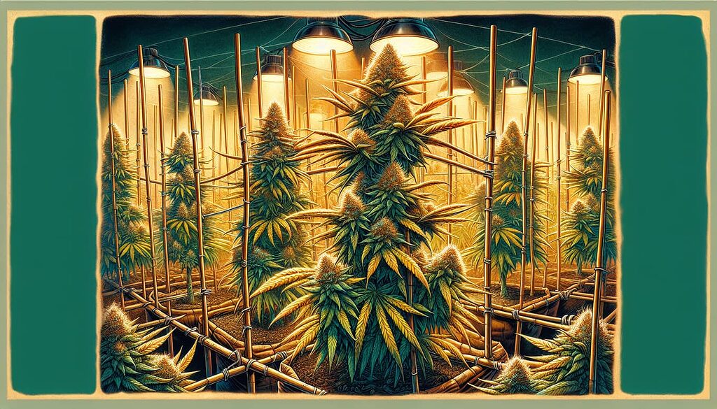 Illustration der strukturellen Unterstützung für Cannabispflanzen während der Blüte