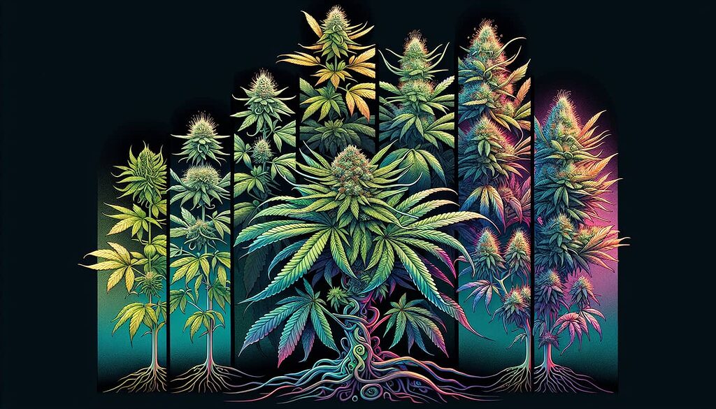 Ilustración de diferentes fases de la floración del cannabis