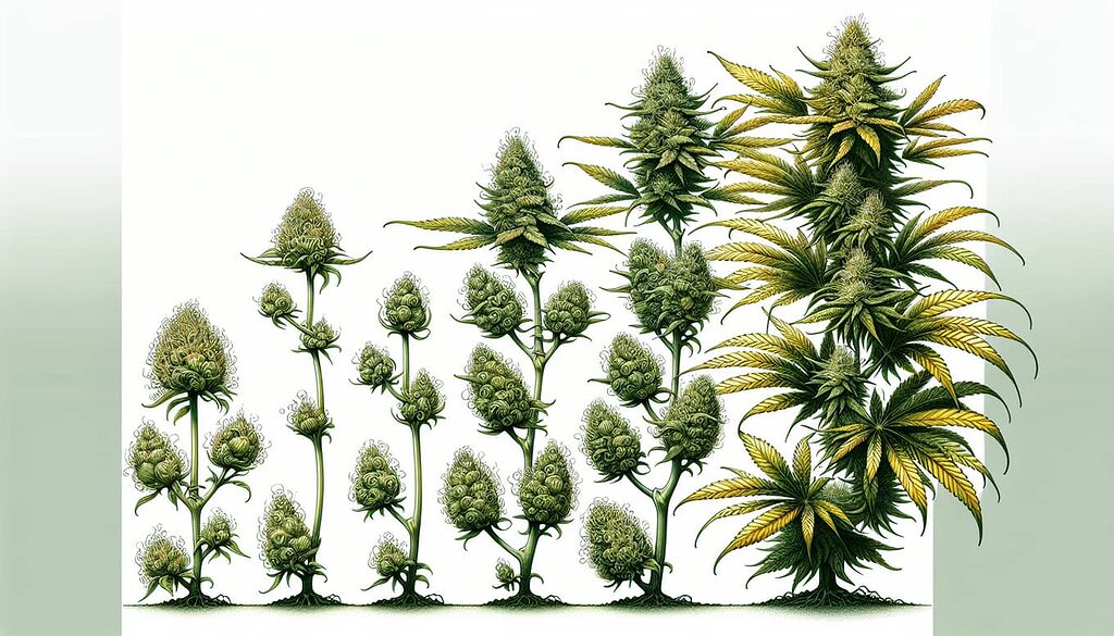 Ilustración del desarrollo de cogollos en plantas de cannabis