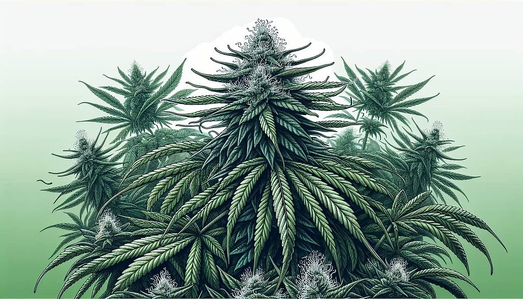 Illustration einer Cannabispflanze mit Blättern und Knospen