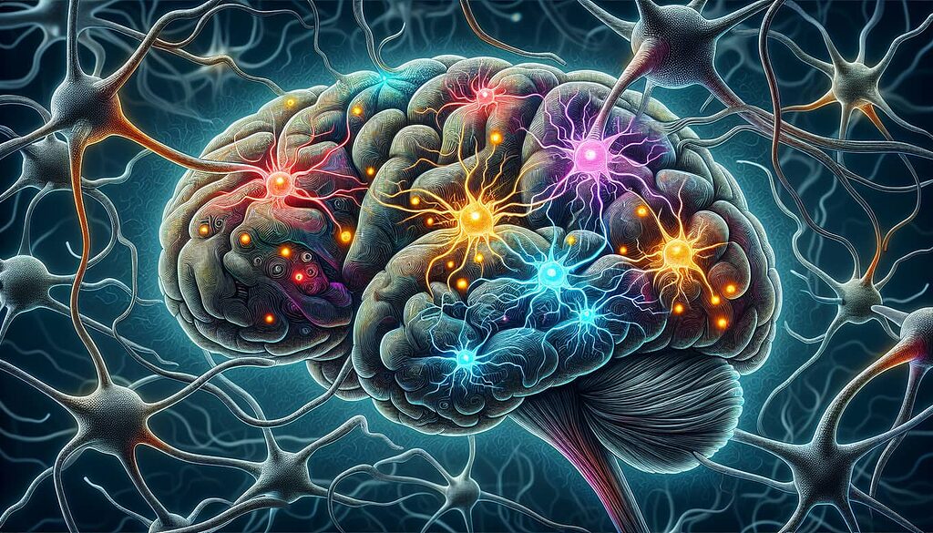 Illustration eines Gehirns mit CB1- und CB2-Rezeptoren