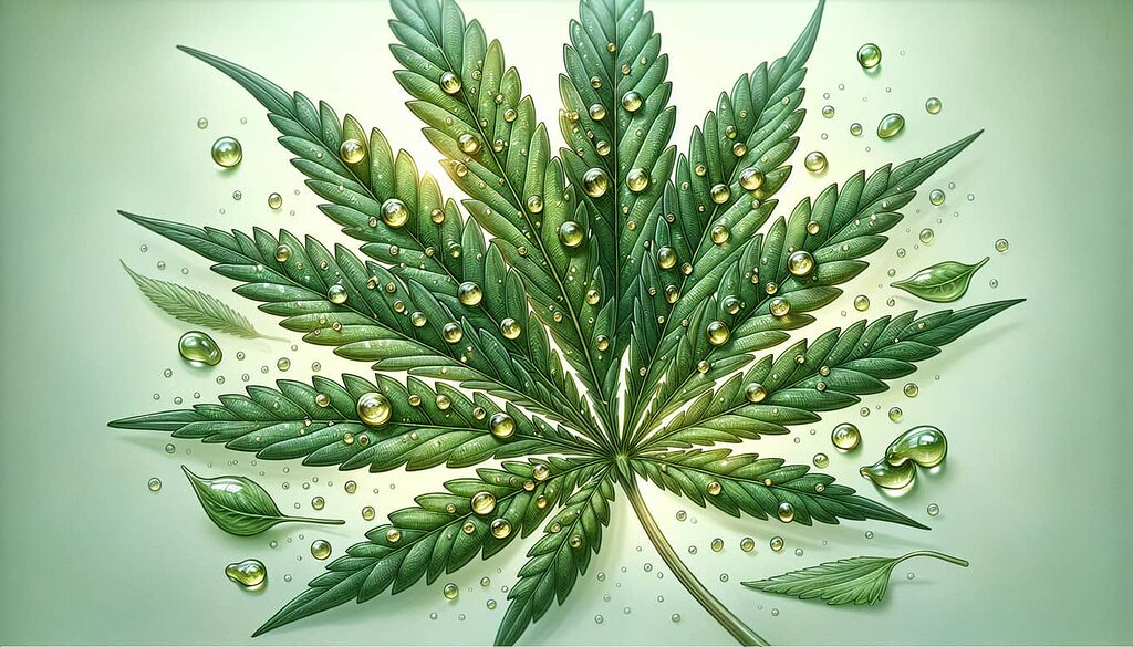 Illustration of a cannabis leaf with oil droplets