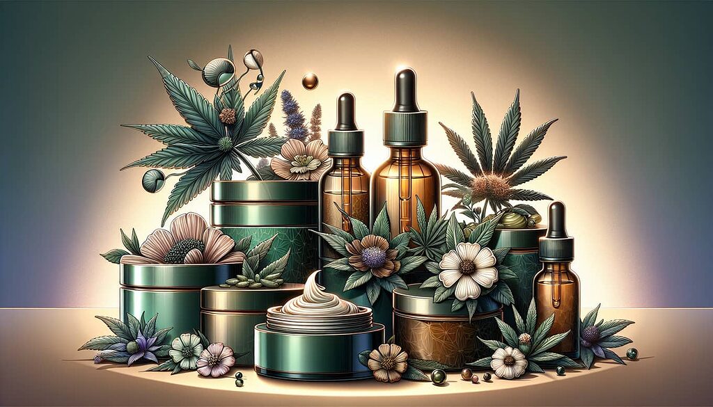 Illustration of CBD products such as flowers, oils and creams