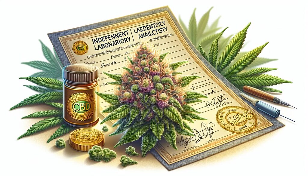 Illustration of a CBD flower with trichomes and a certificate of analysis
