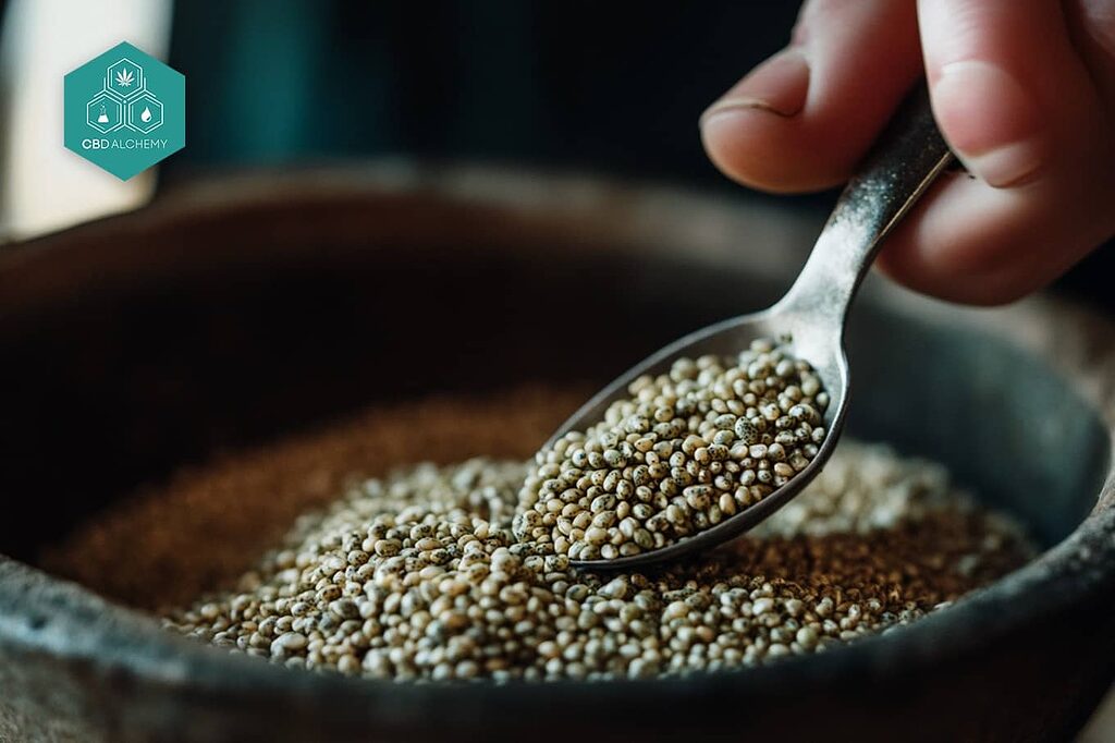 Hemp seeds rich in protein and fiber.