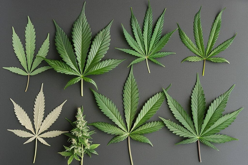 Varieties of cannabis leaves: sativa, indica and ruderalis.