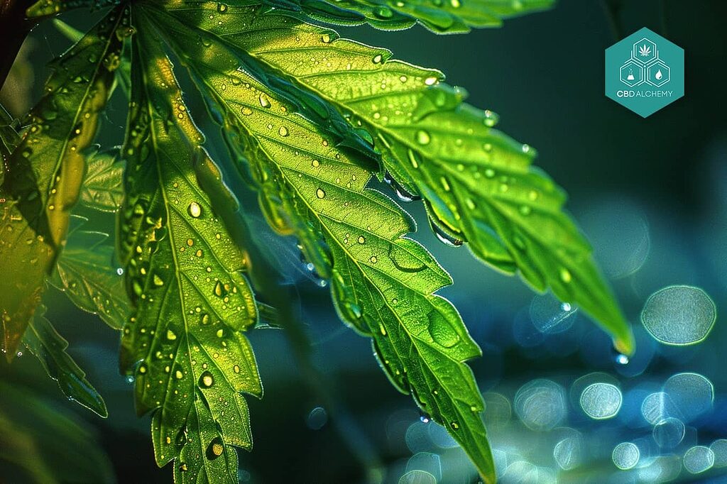 Proceso de fotosíntesis en la hoja de marihuanas.