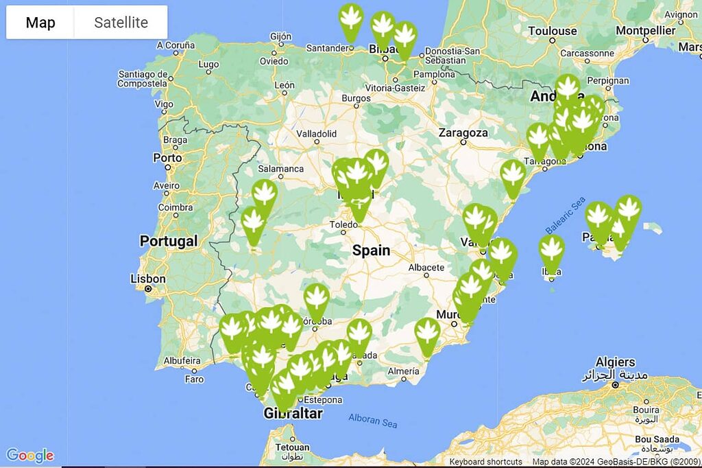 Un mapa ilustrado mostrando diferentes grow shops en una ciudad.