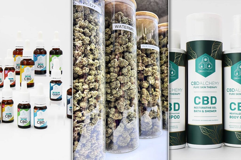 Variety of CBD products in Madrid: oils, flowers and cosmetics.