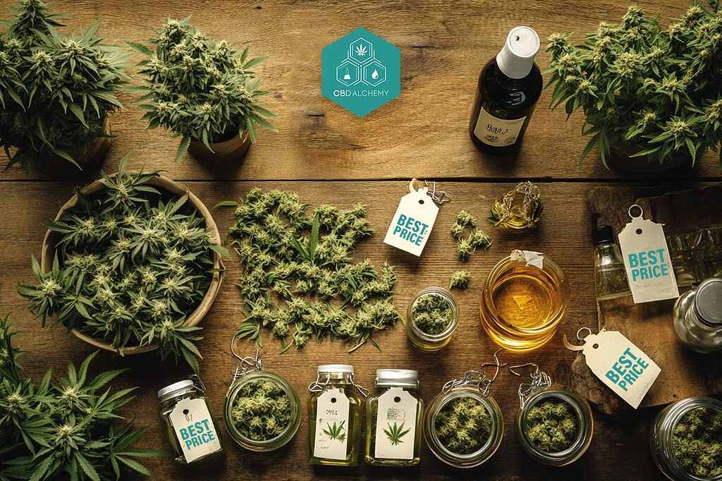 Image of price tags on CBD products, highlighting special offers.