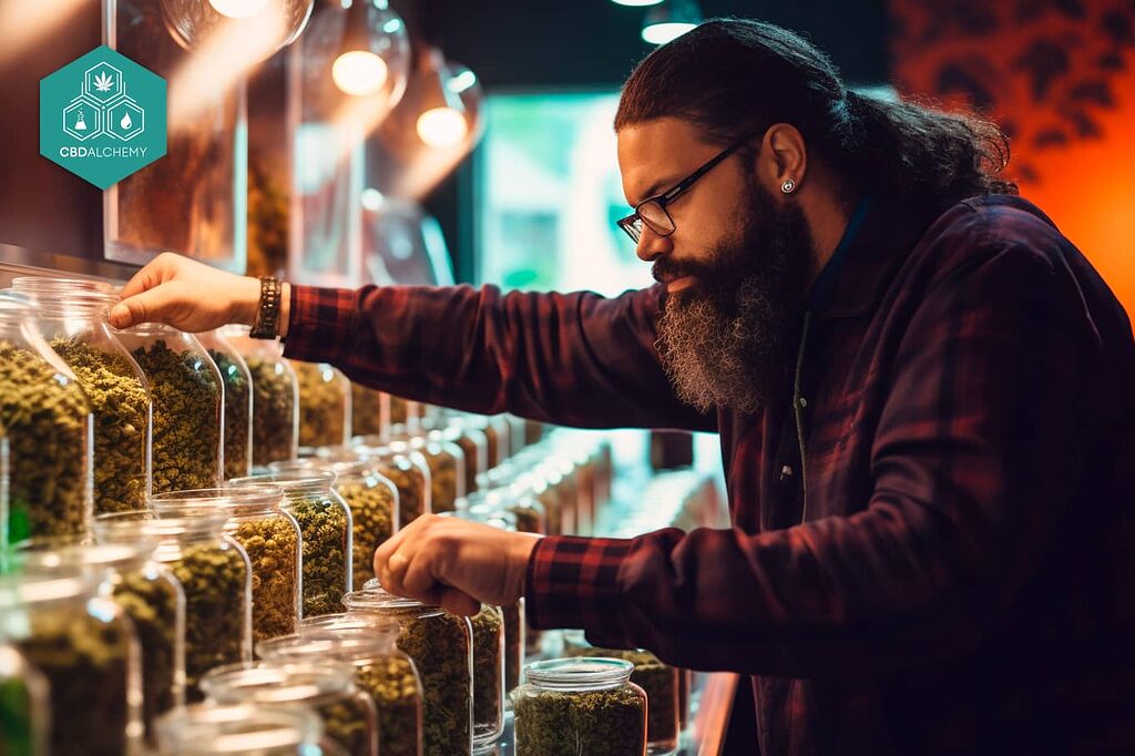 Image of a satisfied customer shopping at a nearby CBD store, enjoying the shopping experience.