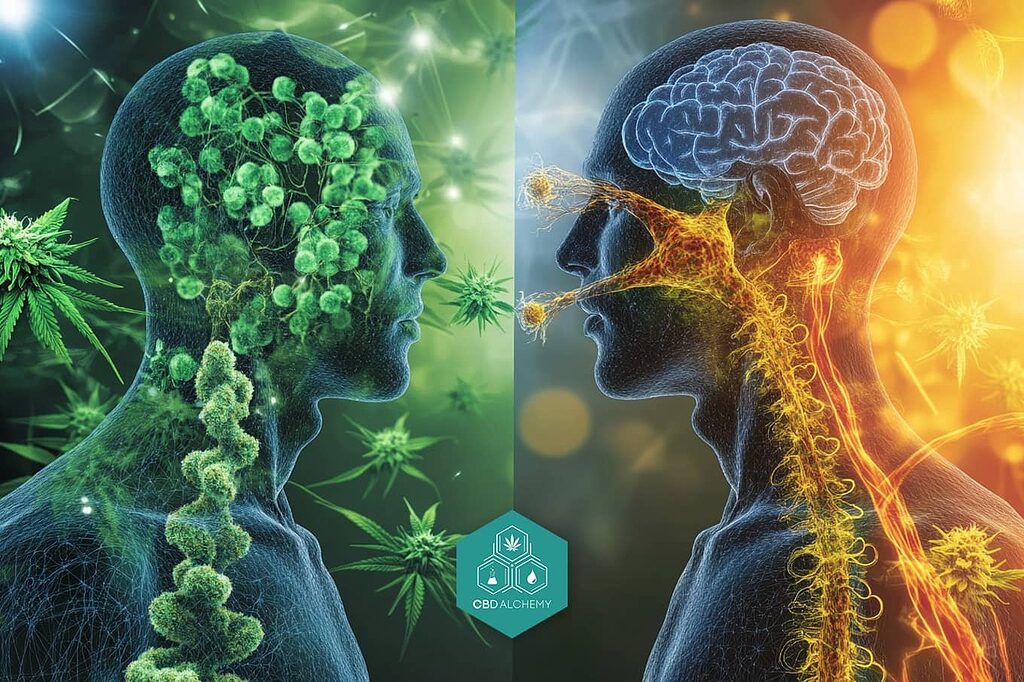 Visual comparison between CBD and THC effects on the central nervous system.