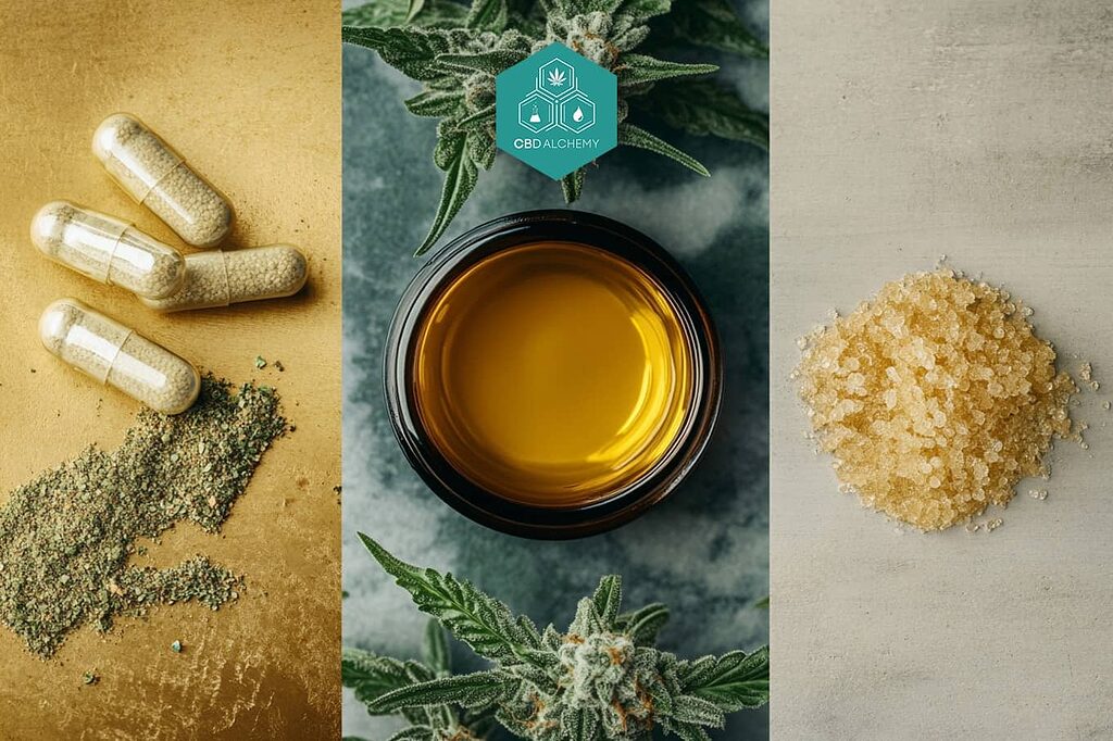 Forms of CBD consumption, including oil and capsules.