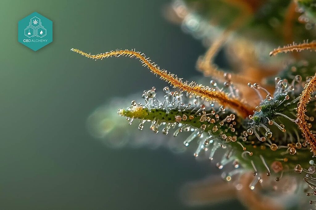 Microscopic detail of trichomes on mature CBD flower.