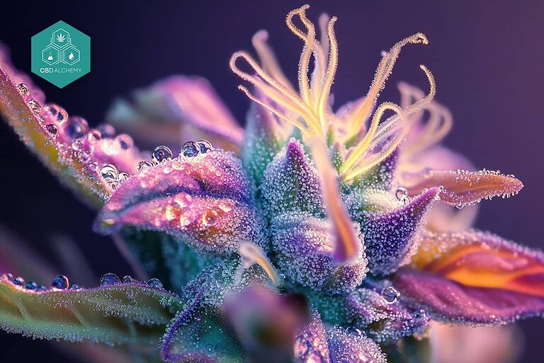 Flor de CBD de primera calidad que muestra una densa cobertura de tricomas y una coloración vibrante.