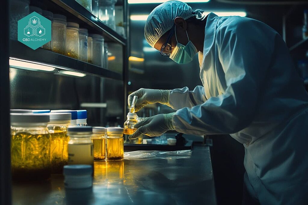 Laboratorio realizando análisis de calidad CBD mediante cromatografía.