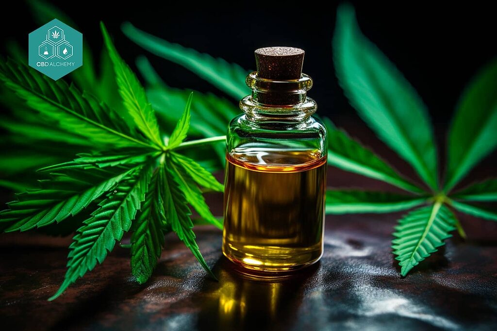 Therapeutic properties of cannabidiol: a bottle of CBD oil with cannabis plants in the background.