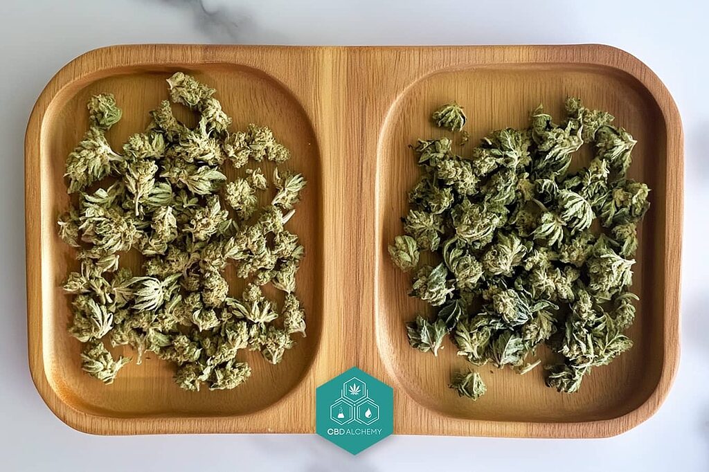 Différences visuelles entre des buds bien séchés et des buds trop secs.