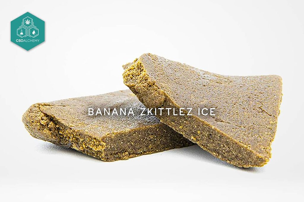 Hash CBD Banana Zkittlez Ice: textura cristalina y aroma cítrico-dulce, resultado de extracción en frío para preservar terpenos (THC <0.2%)