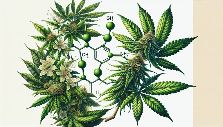 Was ist THC? Eine Illustration der Cannabis Pflanze mit Fokus auf die THC Moleküle.