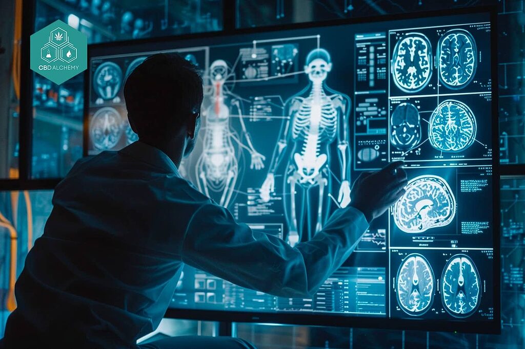 Mecanismo de acción del THC: Representación esquemática que muestra la influencia del THC en el cerebro.