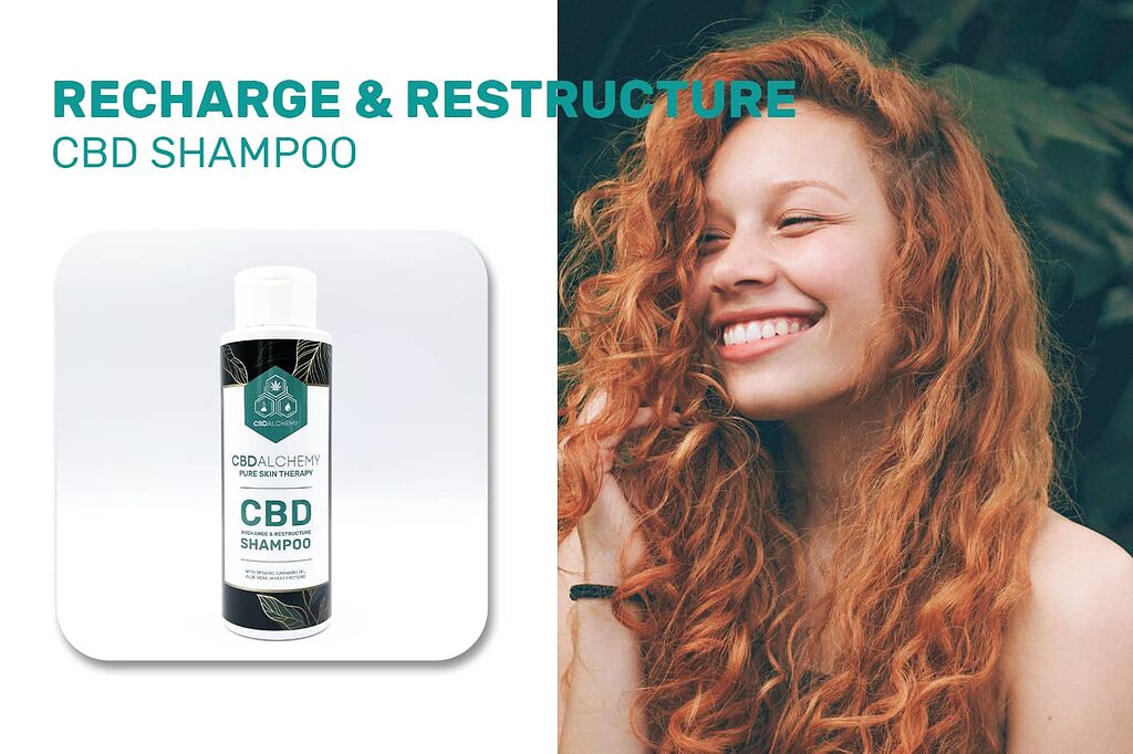 Elevate hair care with CBD-infused Recharge & Restructure Shampoo.