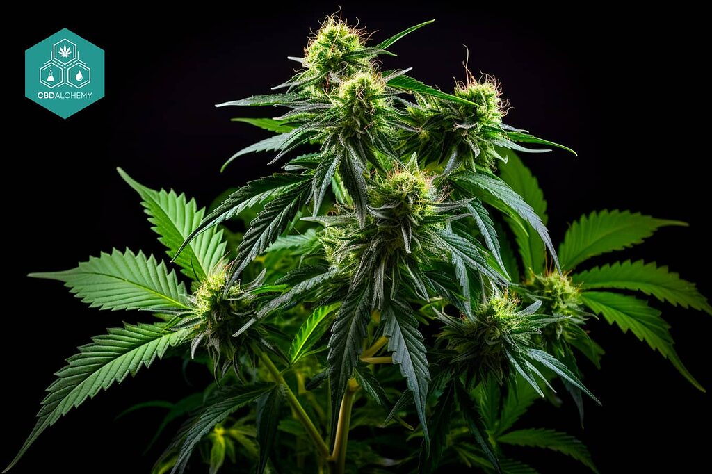 Un plant de cannabis Indica présentant ses feuilles et ses fleurs uniques.