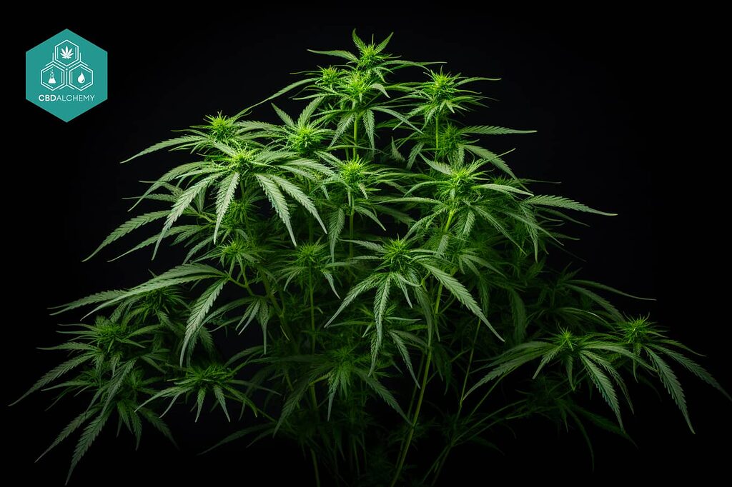 Una planta de cannabis Sativa mostrando sus hojas delgadas y alargadas.