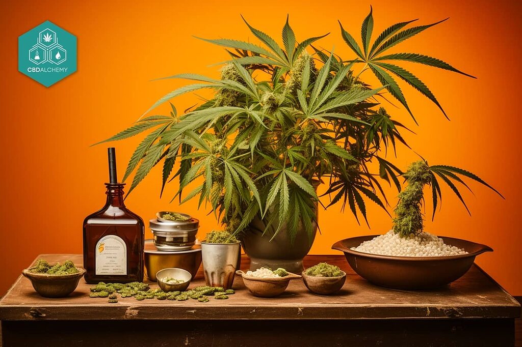 Una planta de cannabis con métodos de consumo tradicionales y modernos