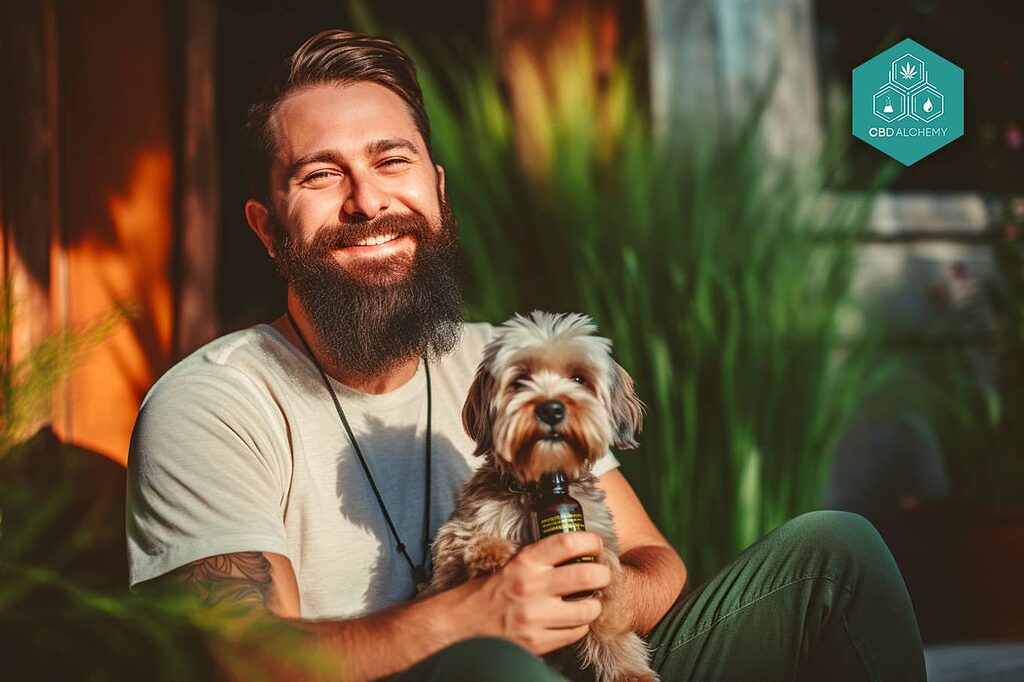 A pet owner holding a bottle of CBD oil for dogs, ready to improve their pet’s quality of life.