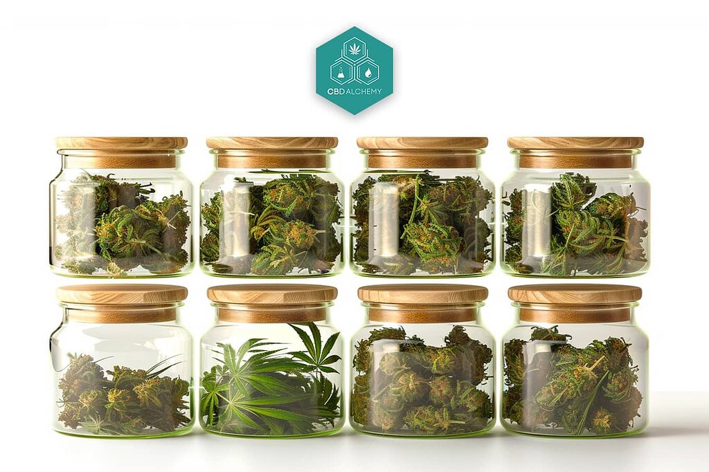 CBD flower buds stored in humidity-controlled containers.