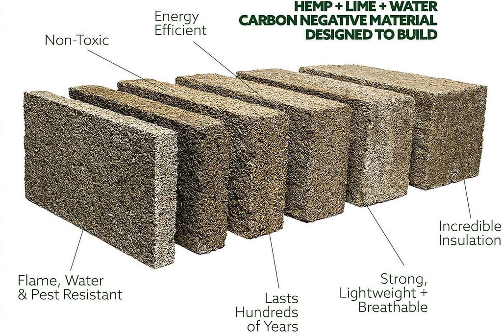 Hempcrete: A sustainable building material made from hemp fibres.