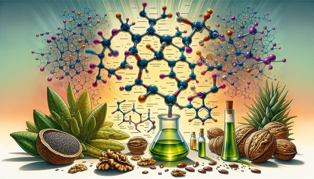 Ilustración de los ácidos grasos esenciales presentes en el aceite de cáñamo, como el omega-3 y el omega-6.