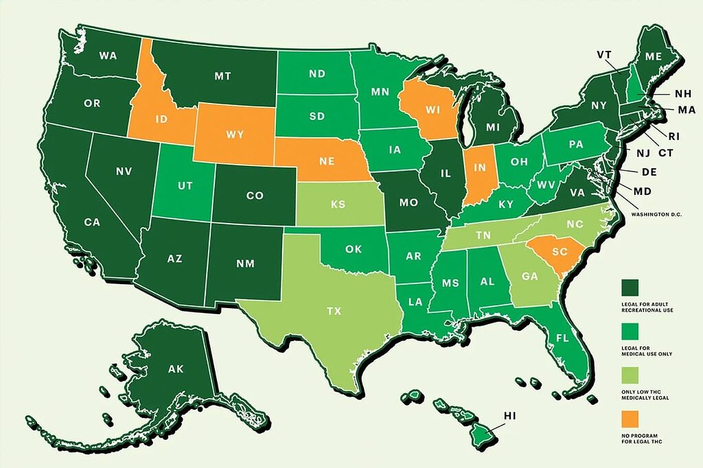 Carte de la légalité du CBD dans les États américains.