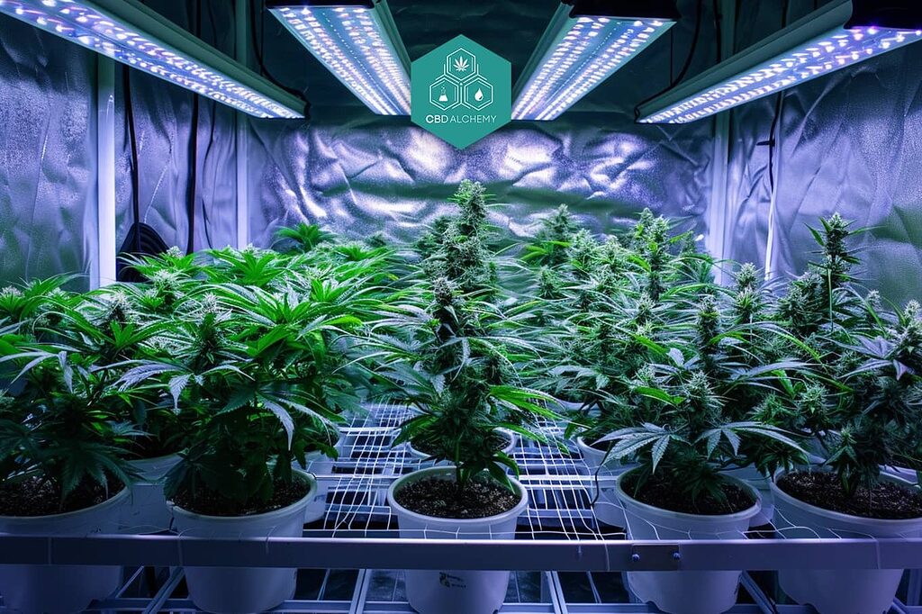 Sativa cultivation in a controlled indoor environment.