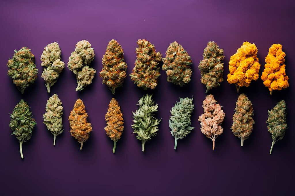 Varietà di fiori di CBD biologici che presentano diverse caratteristiche di ceppo.