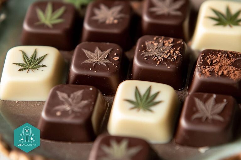 Premium hemp chocolate varieties: dark, milk, and white options with natural hemp seeds.