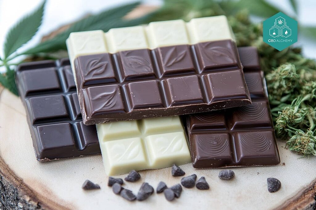 Un assortiment de chocolats au chanvre présentés sur une table en bois.