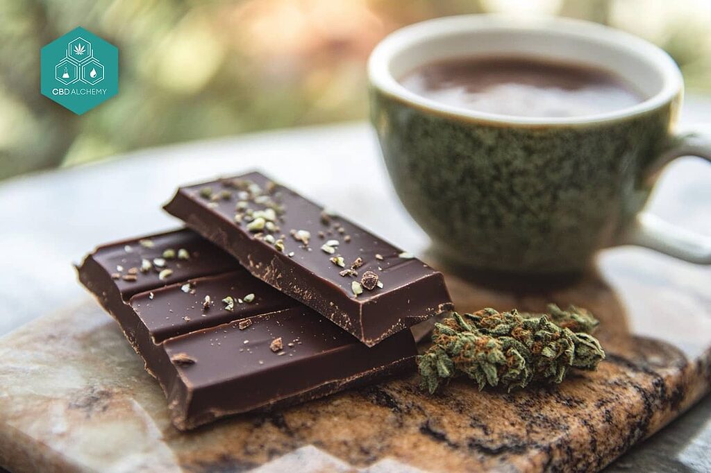 Une barre de chocolat au lait au cannabis Cannaline avec une tasse de chocolat chaud en arrière-plan.