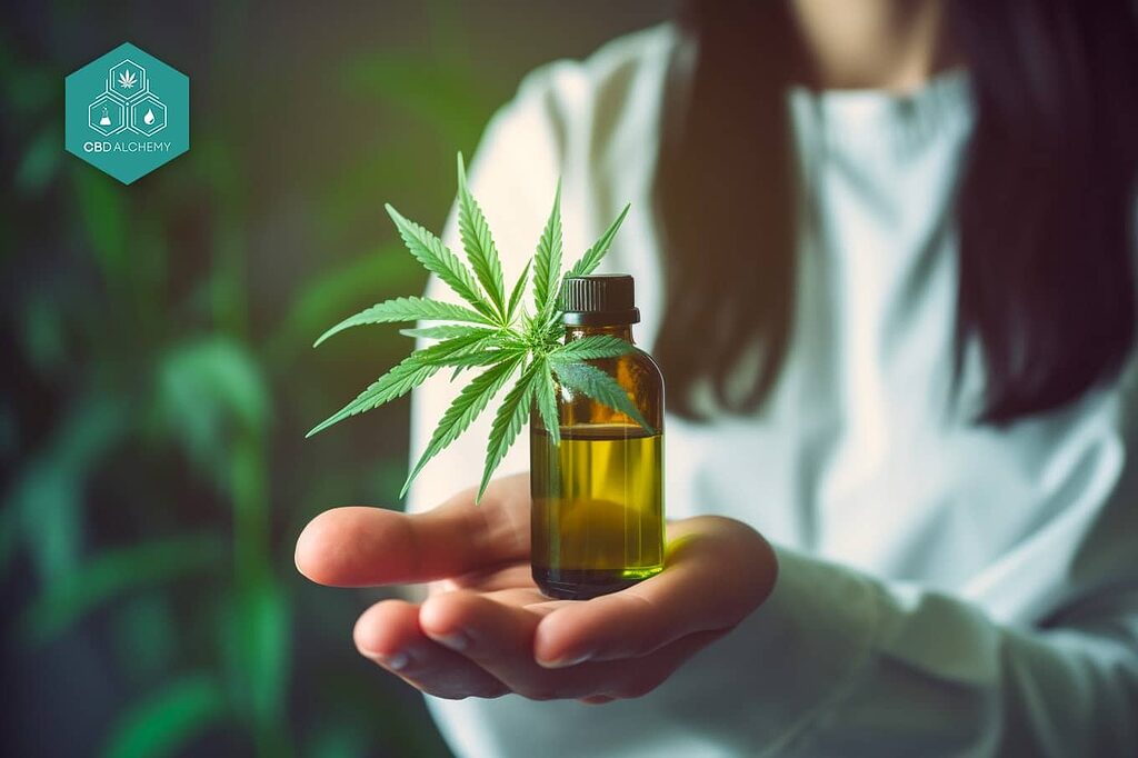 Image showing a cannabis plant and bottles of medical cannabis oil.