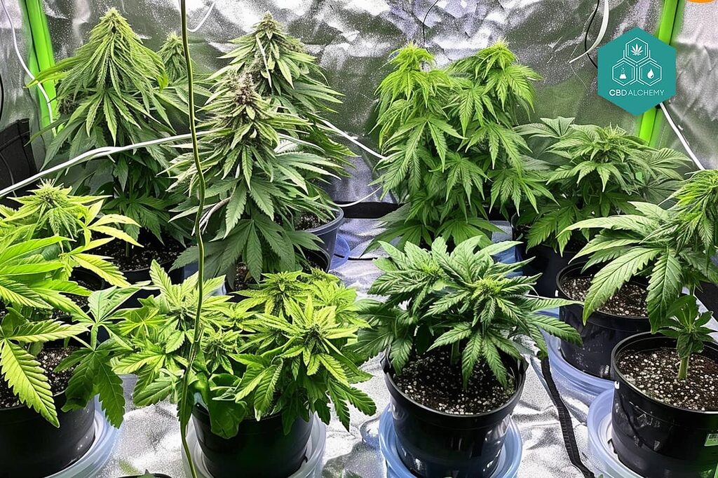 Confronto tra le strutture dei fiori di canapa CBD Sativa, Indica e ibridi, che mostrano le differenze fisiche.